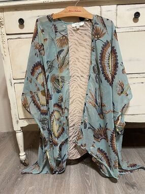 Umgee Pale Blue Floral Kimono Cape with Brown & Gold Motifs